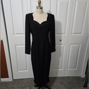 Black Beaded Semi- Formal Dress, Size 8, Long Sleeves, Vintage, Like New Cond